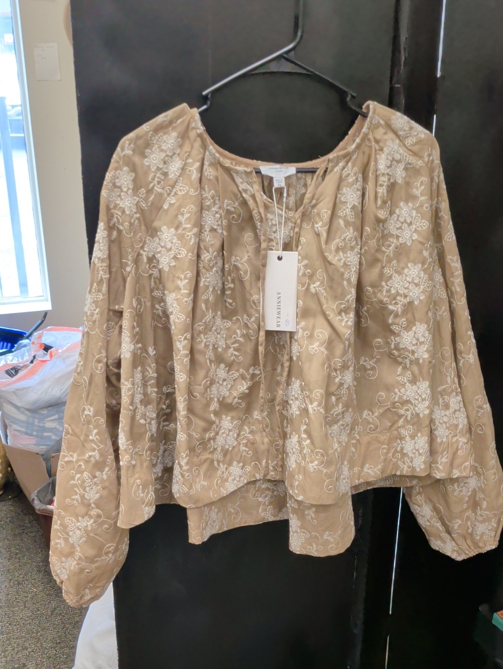 Embroidered Taupe Peasant Blouse with White Floral Detail - Picture 1 of 4